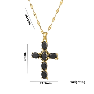 Gold cross necklace with black oval stones, 40+5cm length and 38mm pendant size