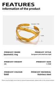 Detailed view of 18K gold plated lip-shaped stainless steel ring with size measurements