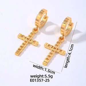 Detailed view of golden stainless steel cross earrings with dimensions 4.1cm by 1.5cm