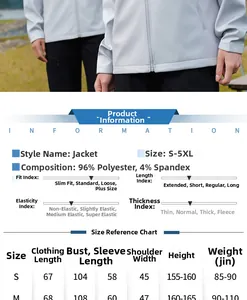 Size chart for outdoor softshell jacket showing S-5XL measurements and material details