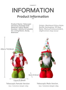 Detailed size specifications for adjustable blue sequined Rudolph Christmas plush dolls