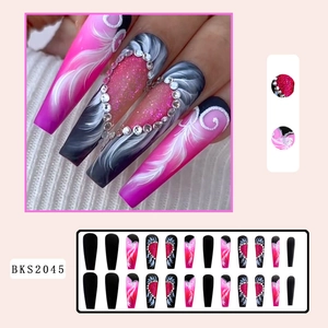 Long red and black gradient press-on nails with white feathers and rhinestones, model BKS2045