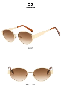 Detailed front and side views of gold oval sunglasses with brown gradient lenses