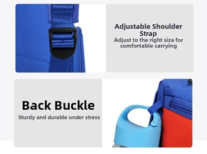 Detail of reinforced adjustable shoulder straps and utility hook on a blue sports backpack