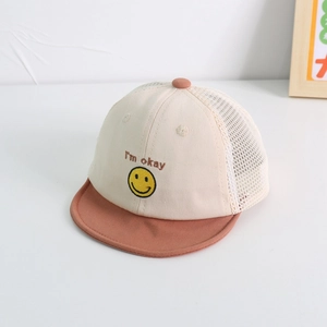 Detail of baby mesh sun hat featuring 'I'm okay' embroidery and breathable white mesh back