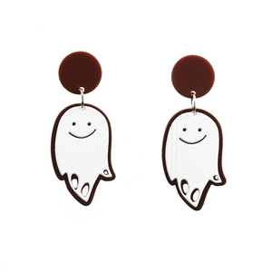 Minimalist white ghost acrylic Halloween earrings with brown studs on white background