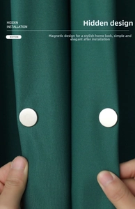 Macro view showing hidden magnetic curtain closure installed on green fabric