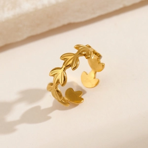 Minimalist Leaf Ring Stainless Steel 18K Gold Plated Adjustable Open Jewelry Elegant Olive Branch Design