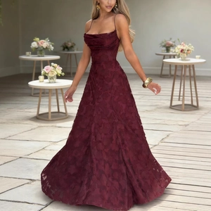 Elegant wine red jacquard maxi dress with spaghetti straps and a draped neckline