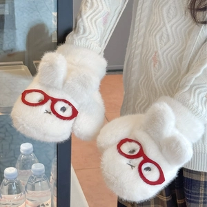Cute white plush rabbit mittens with red glasses design, thick thermal winter gloves