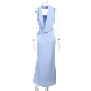 Detail view of light blue satin dress with sleeveless draped neckline on white background
