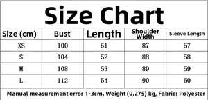 Size chart detail for bomber jacket and pleated pants set with polyester fabric info