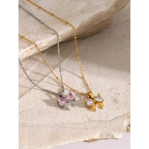 Elegant 18k gold plated bow necklace with pink and white heart-shaped zircon stones