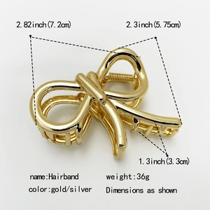 Detailed dimensions of the gold bow hair claw clip with size and weight annotations
