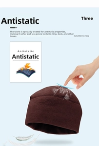 Detail view of brown fleece beanie fabric with antistatic and sun protection features