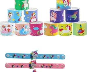 Close-up of colorful cartoon unicorn slap bracelets and silicone wristbands for children