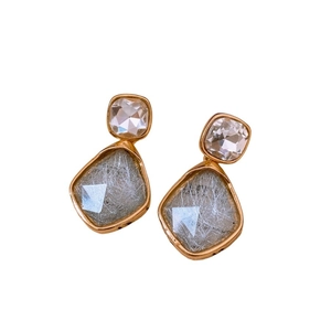 Vintage geometric silver needle earrings with gold metal frame and resin pendants