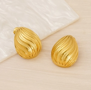 Detailed view of 18K gold plated teardrop earrings featuring wavy textured stainless steel