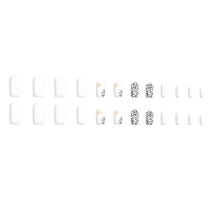 White glossy medium square press-on nails with golden butterfly and leopard patterns
