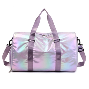 Holographic purple gradient travel bag with dual handles and adjustable shoulder strap
