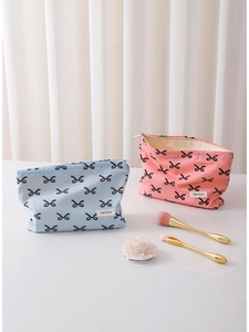 Portable cotton makeup bags with bow tie prints in blue and pink colors with zipper