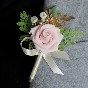 Handmade PE Foam Rose Boutonniere And Wrist Corsage Ribbon Gold Leaves Wedding Party Accessories For Groom Bridesmaid
