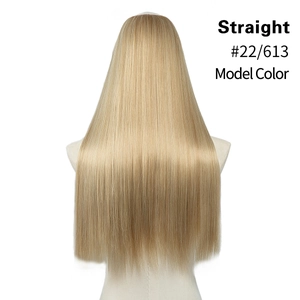 Detail view of straight golden brown #22/613 hair extension piece on a model