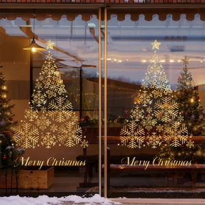 Golden snowflake Christmas tree static window stickers with Merry Christmas art lettering