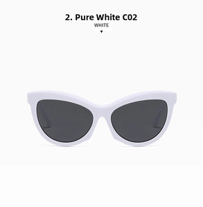 Detailed front view of white cat-eye sunglasses with dark grey lenses and C02 model mark