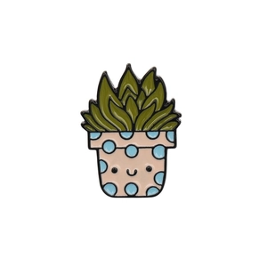 Cartoon cactus succulent enamel brooch with pink blue-dotted pot on white background