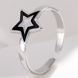 Polished silver adjustable open ring featuring layered black and white star charms