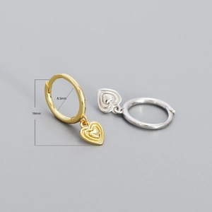 Minimalist heart charm hoop earrings in gold and silver finish, height 19mm