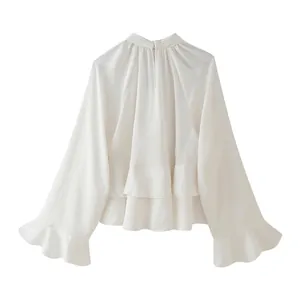 Elegant white long sleeve tiered shirt for women with ruffled high neck and flounce cuffs