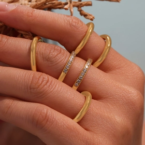 Stackable geometric gold-plated stainless steel rings for women with zircon inlay