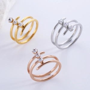 Stainless Steel Triple Layer Spiral Ring With Round Zirconia Stones Personalized Geometric Ring For Women Fashion Jewelry