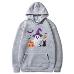 Halloween-themed light grey hoodie with ghost and pumpkin graphics, flat lay display