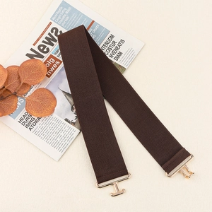 Close-up of coffee brown elastic woven belt with polished gold metal buckle detail