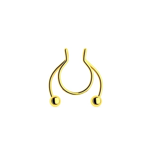 Macro shot of polished gold U-shape septum nose ring with smooth metal beads detail