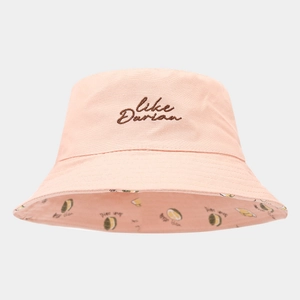 Detail of pink cotton bucket hat featuring like Durian embroidery and inner fruit print