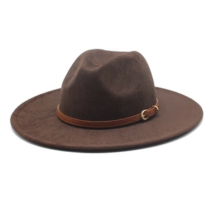 Classic dark brown wide brim faux suede cowboy fedora hat with a thin leather buckle band
