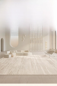 Detalle de una alfombra impermeable crema con textura horizontal en un salón de estilo moderno
