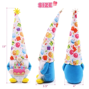 Blue and white plush birthday gnome holding a cake, shown in a three-view layout