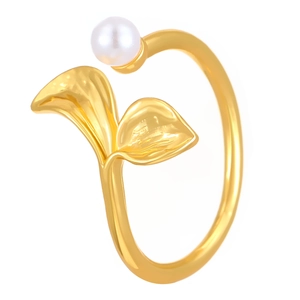Elegant gold mermaid tail ring with faux pearl, minimalist open adjustable jewelry piece