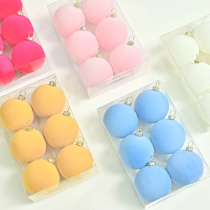 Set of 6cm macaron colored flocked Christmas balls for tree hanging and festive decor