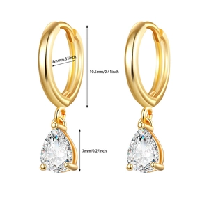 Golden drop earrings set with zircon teardrop charms and 8mm inner diameter measurements