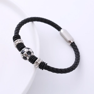 Classic braided leather football bracelet with stainless steel magnetic clasp for sports fans
