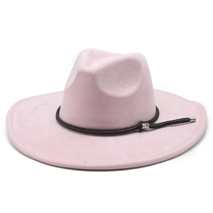 Pink wide brim faux suede cowboy hat with brown braided cord and silver metal buckle
