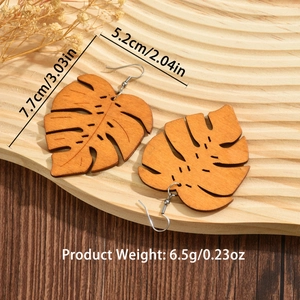 Bohemian monstera leaf wooden earrings with size dimensions and weight specifications