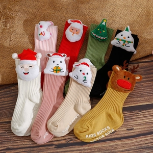 Christmas non-slip baby socks with 3D cartoon ornaments on warm knitted fabric