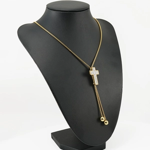 Cross Pendant Necklace 18K Gold Plated Stainless Steel Zircon Inlaid Long Sweater Chain Adjustable For Women